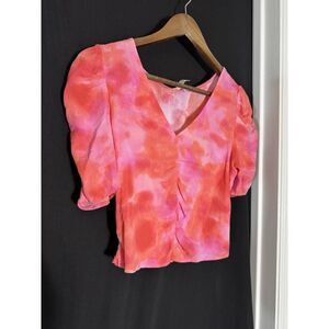 Leith Pink Orange Calypso Ruched Puff Sleeve Cropped Top Tie Dye Boho Coquette S